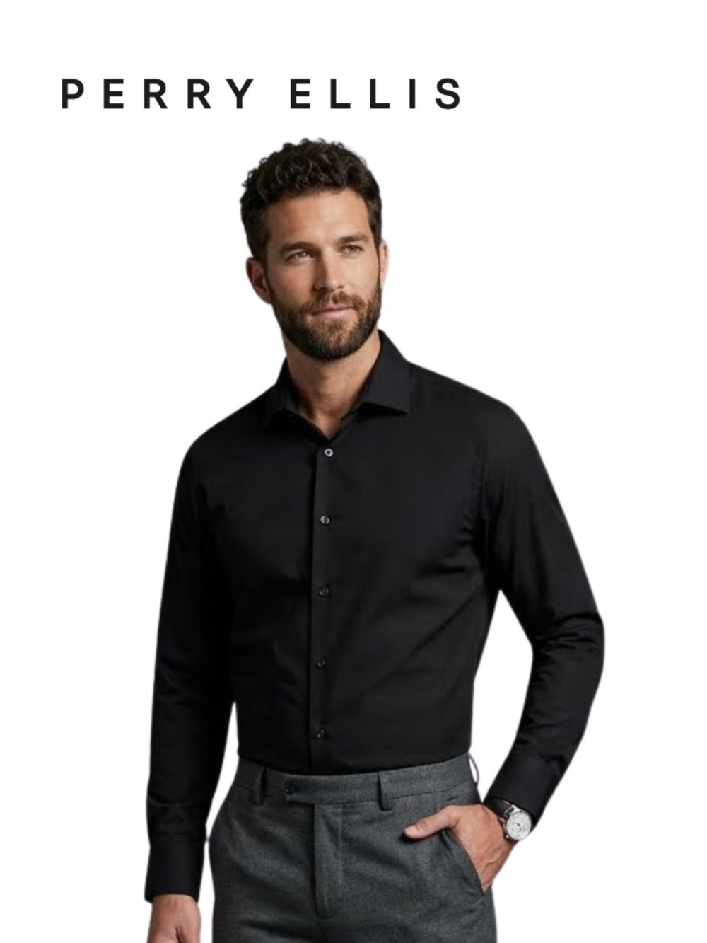 Perry Ellis Menβs Black Dress Shirt